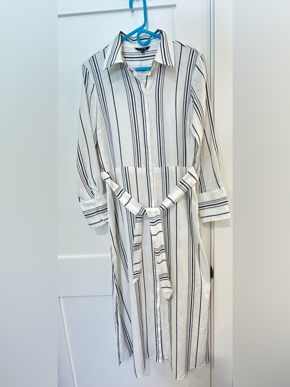 Massimo Dutti Striped Shirt Dress Long Sleeve White Navy Midi Dress Size 10